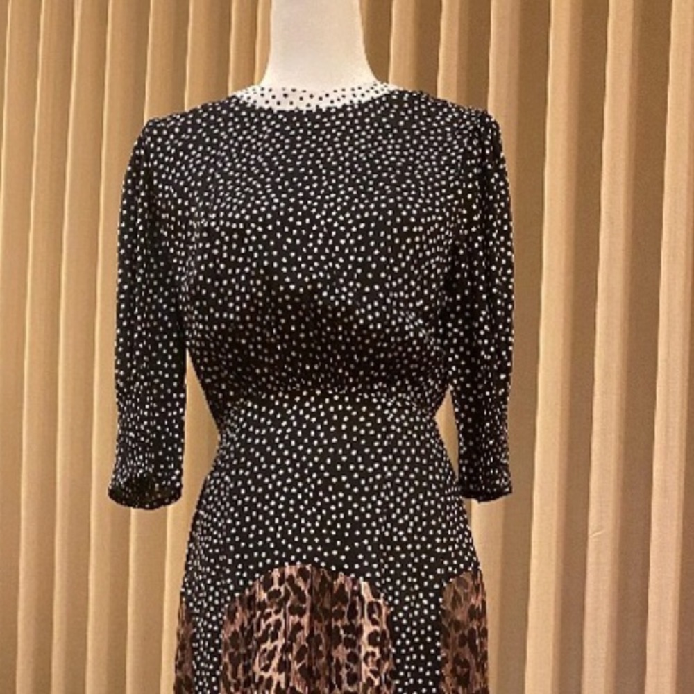 RIXO Polka Dot and Leopard Print Dress